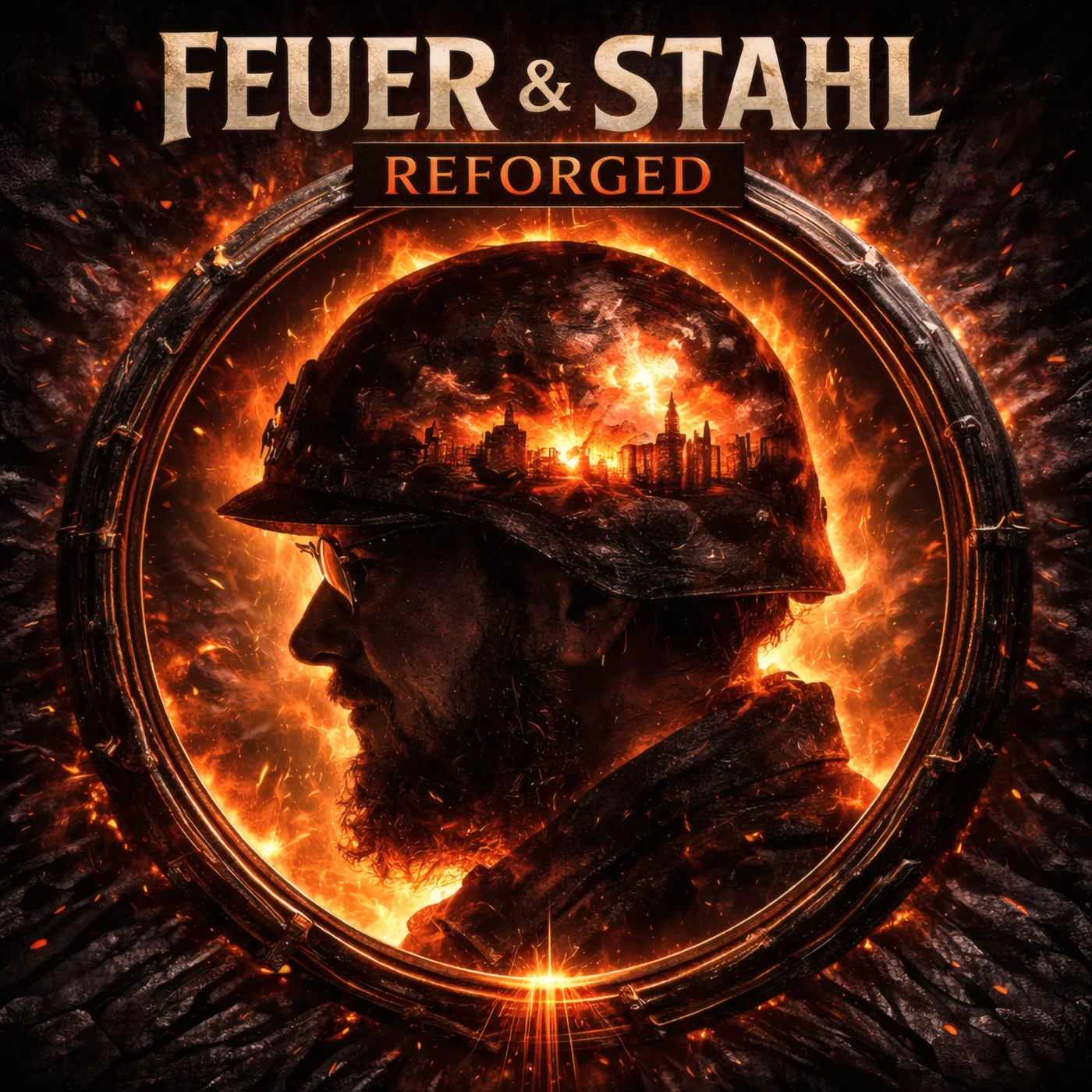 Cover von Feuer und Stahl Reforged mit dem Künstler vor einer brennenden Stadtlandschaft